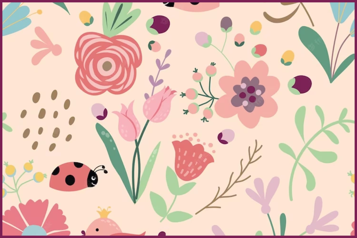 Painted flowers, leaves, ladybug and berries.