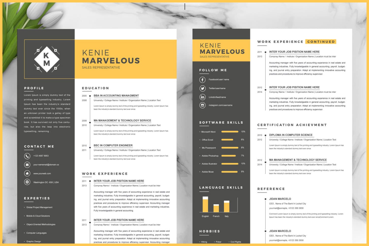 Collage of resume pages with black and yellow accents in two columns.