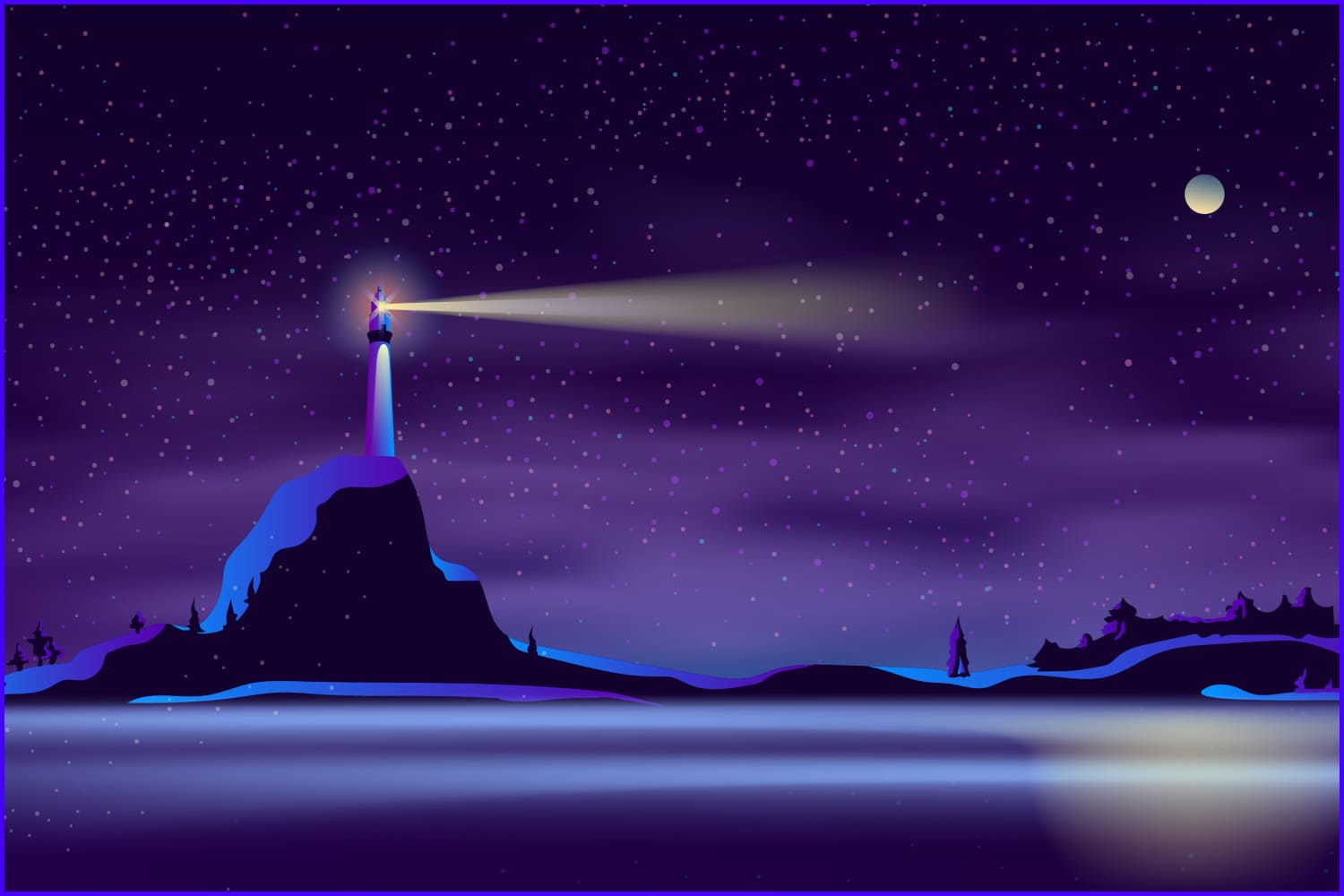 Drawing of a lighthouse against the background of a starry sky in purple tones.