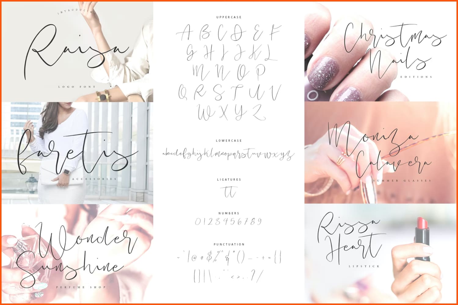 A collage of images of handwritten text in the Raisa font on the background of photos of hands and a girl.