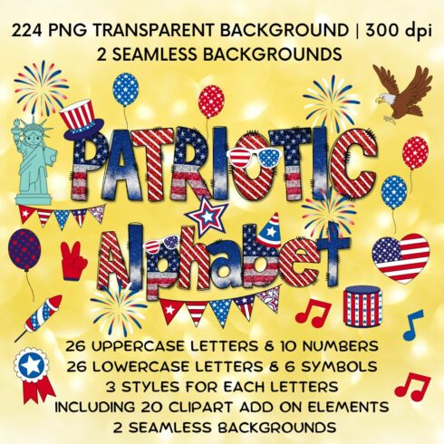 Patriotic Alphabets - 224 PNGs & 2 Seamless patterns cover image.