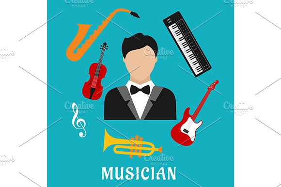 Musician and instruments flat icons cover image.