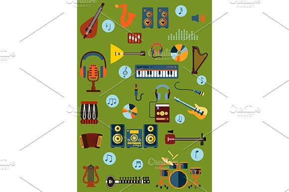 Musical instruments flat icons cover image.