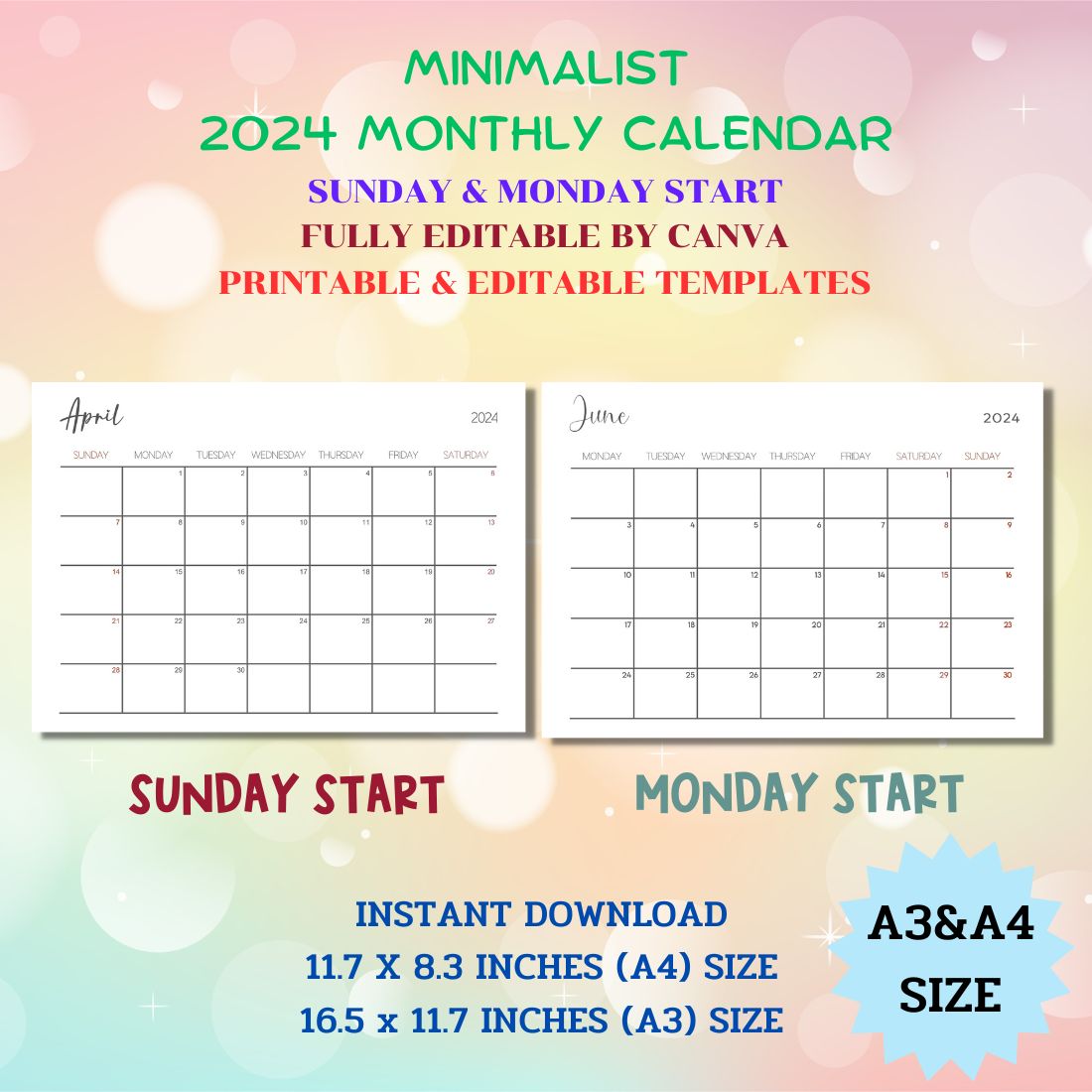 2024 Minimal Monthly Calendar Editable & Printable A3 & A4 cover image.
