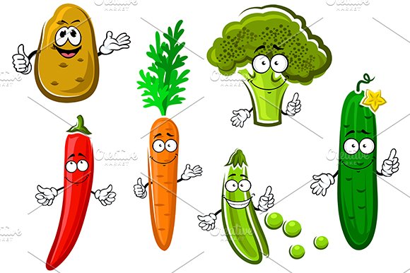Cartoon vegetable characters cover image.