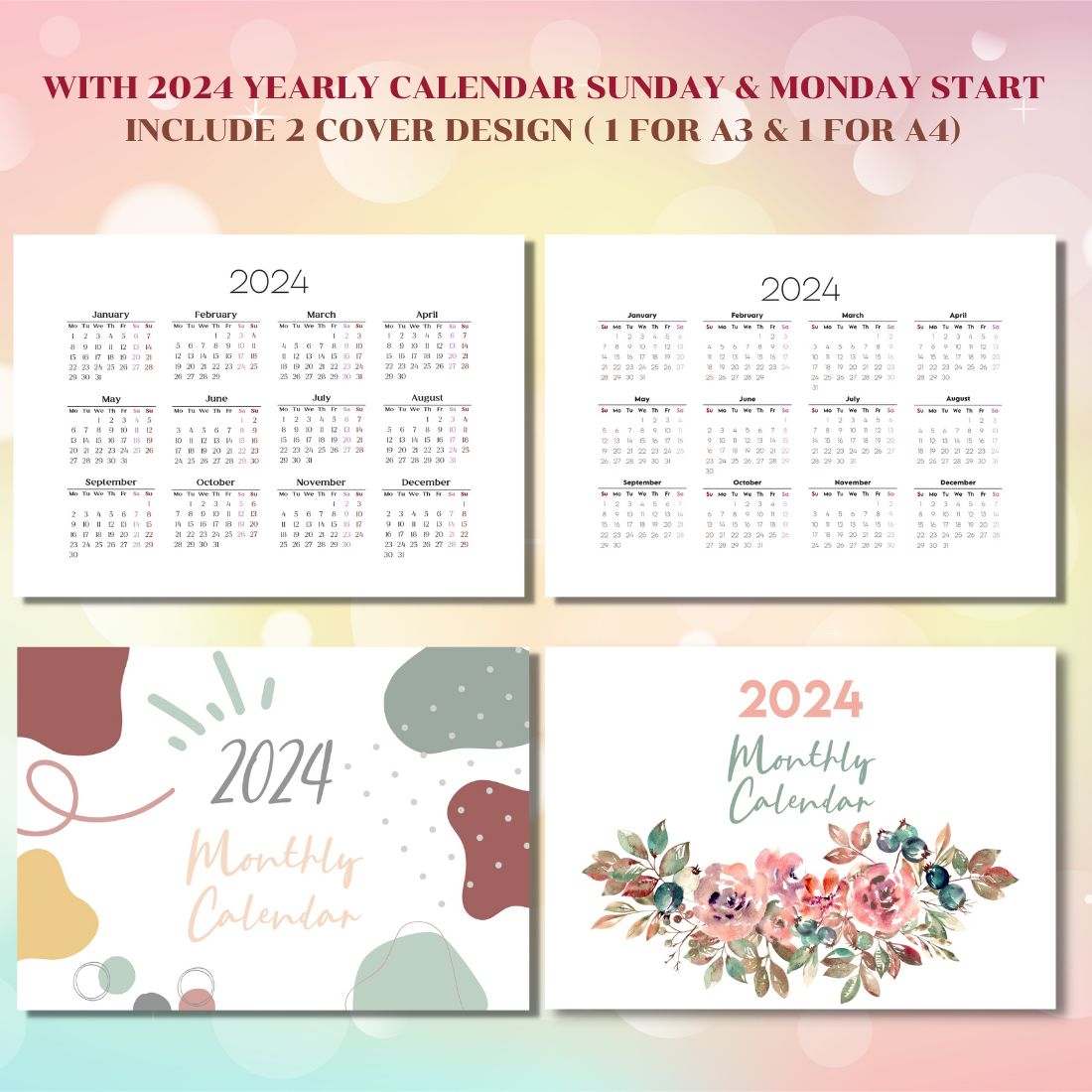 2024 Minimal Monthly Calendar Editable & Printable A3 & A4 preview image.