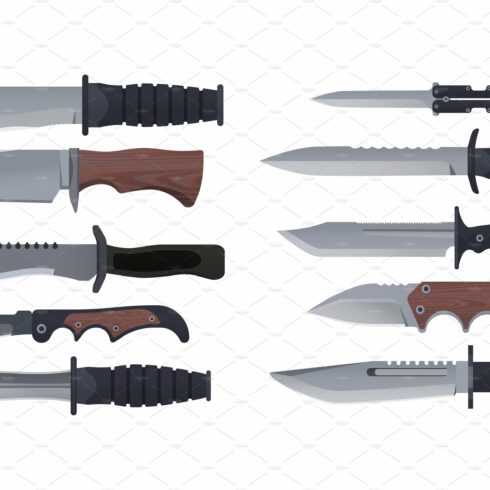 Knives set, military, hunting and cover image.