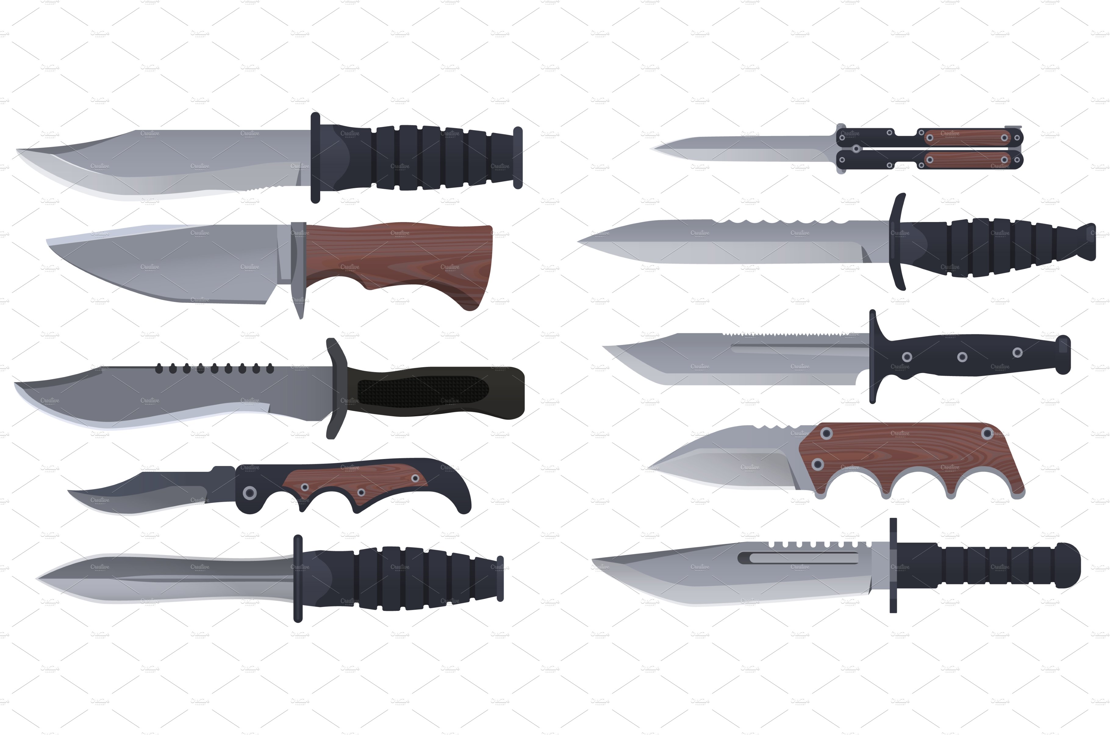 Knives set, military, hunting and cover image.