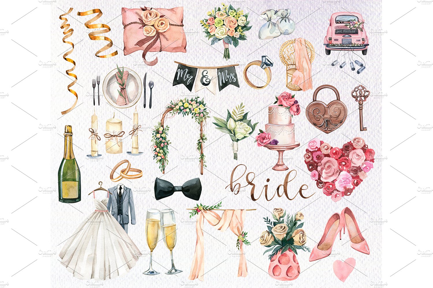 Wedding Watercolor Clipart, PNG preview image.