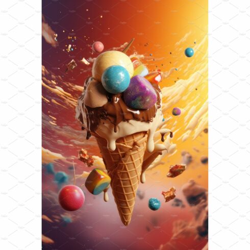 Ice cream in cone with chocolate cover image.