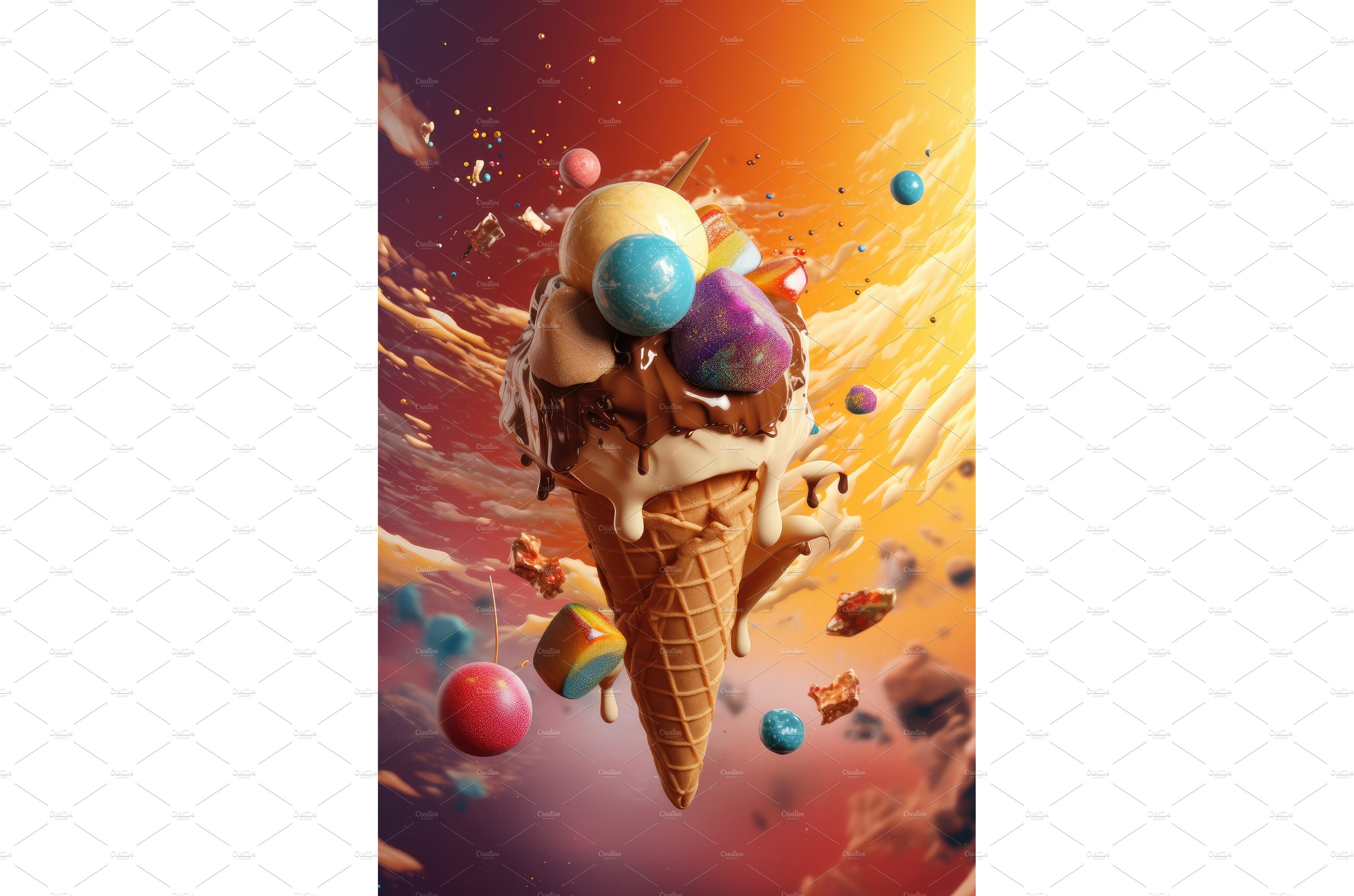 Ice cream in cone with chocolate cover image.