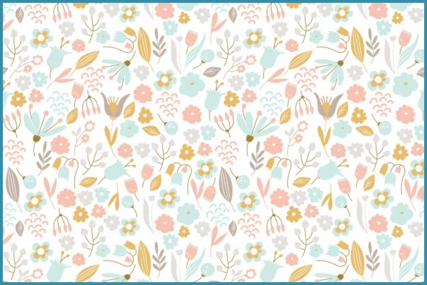 Painted flowers, leaves and berries in pastel colors.