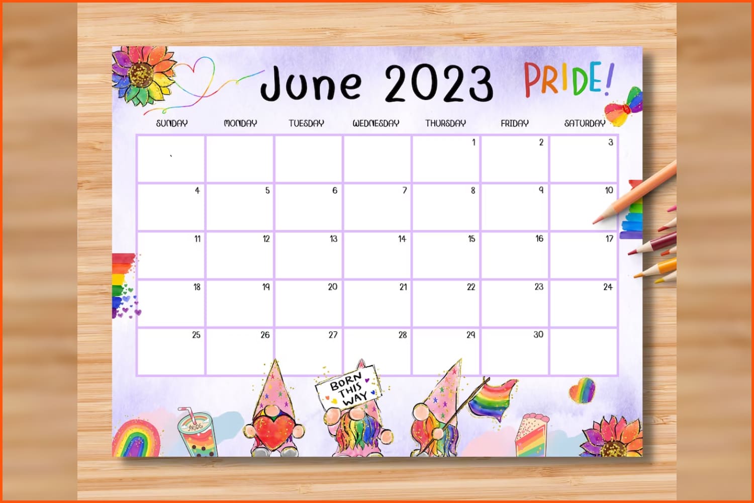 Calendar for June with a pattern of gnomes and rainbow colors.