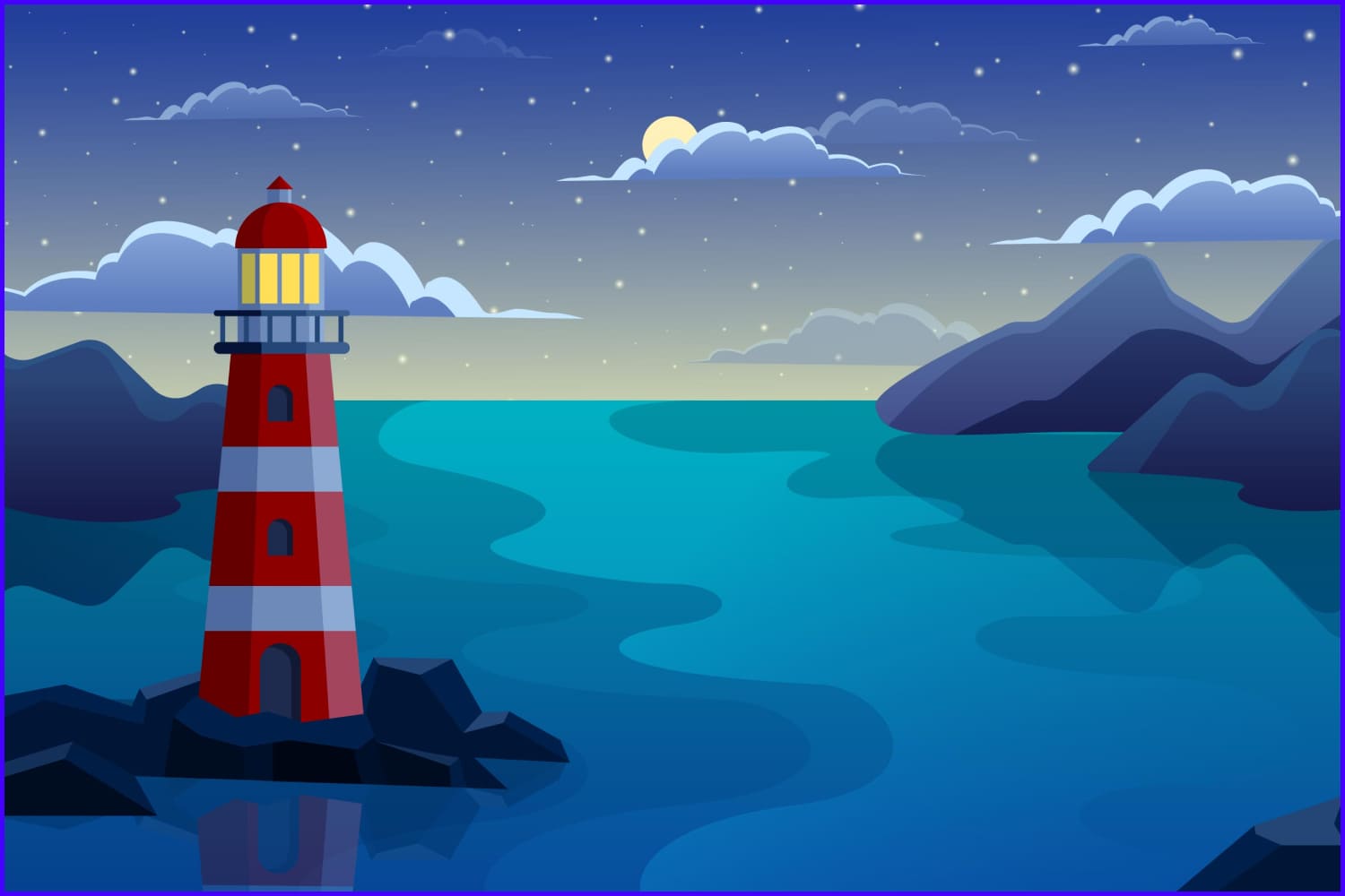 Drawing of a lighthouse against the background of the starry sky and the moon.