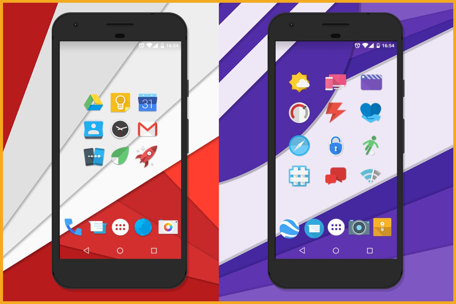 Two smartphones with icons on their screens.