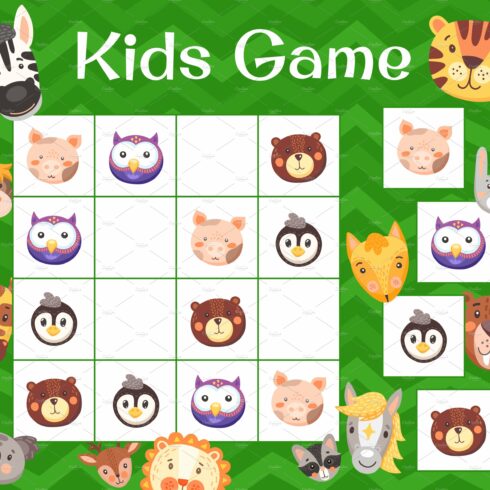Kids sudoku game, cartoon animals cover image.