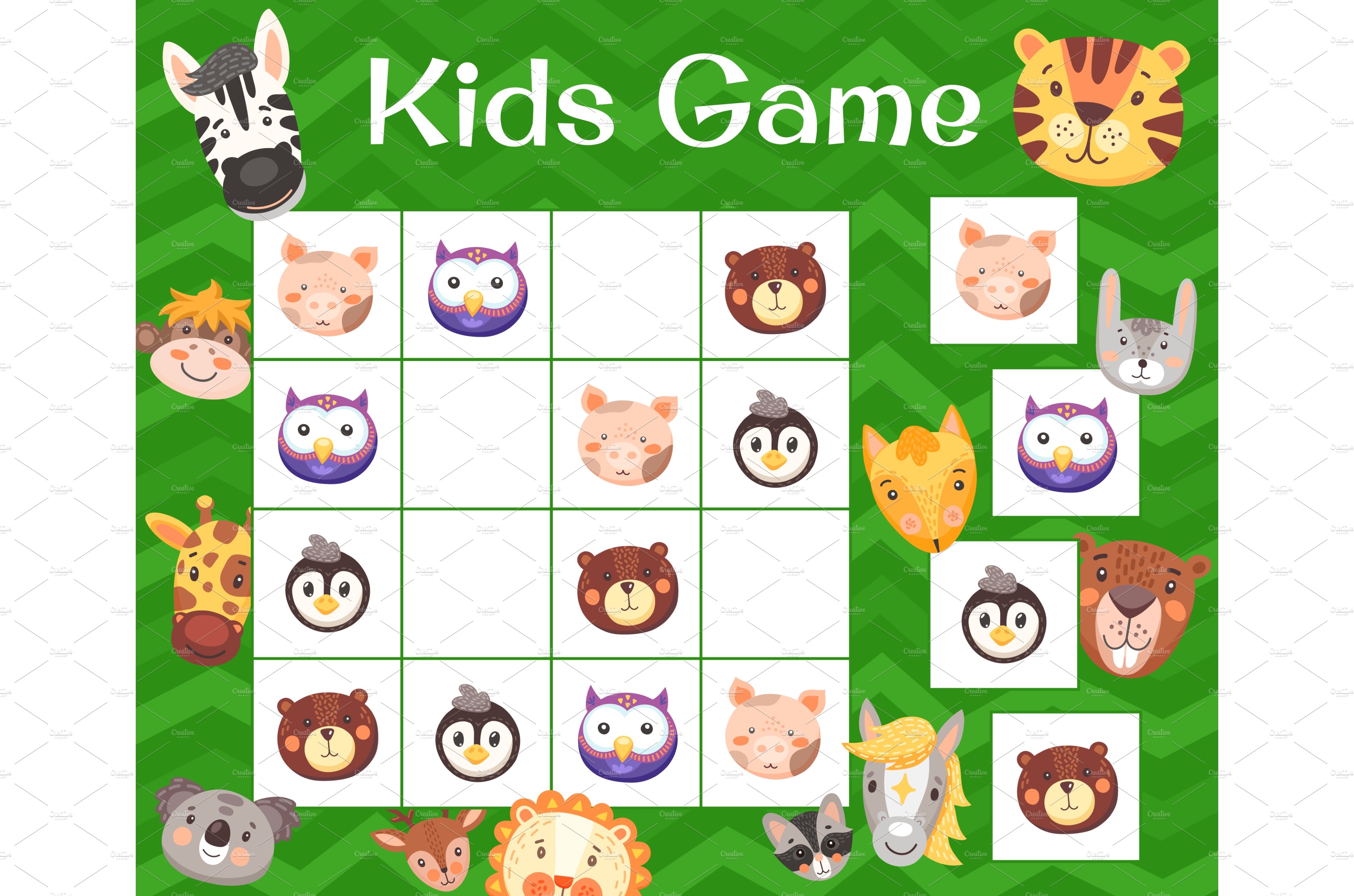 Kids sudoku game, cartoon animals cover image.