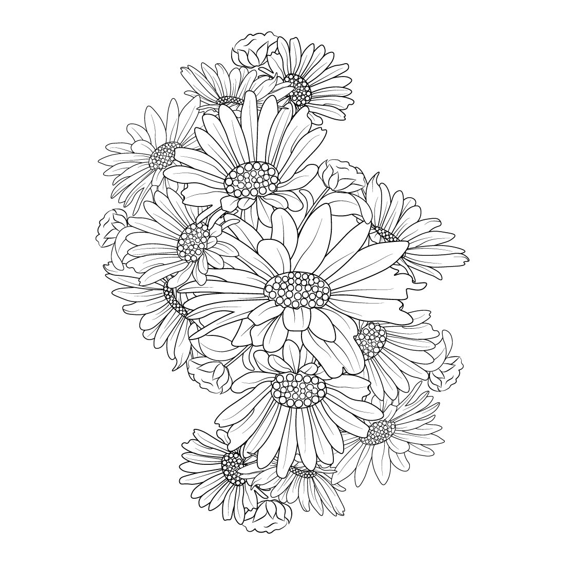 zentangle tattoo design with daisy flowers, relaxation flower coloring pages for adults, preview image.