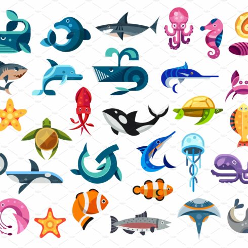 Fishes and sea animals flat icons of cover image.