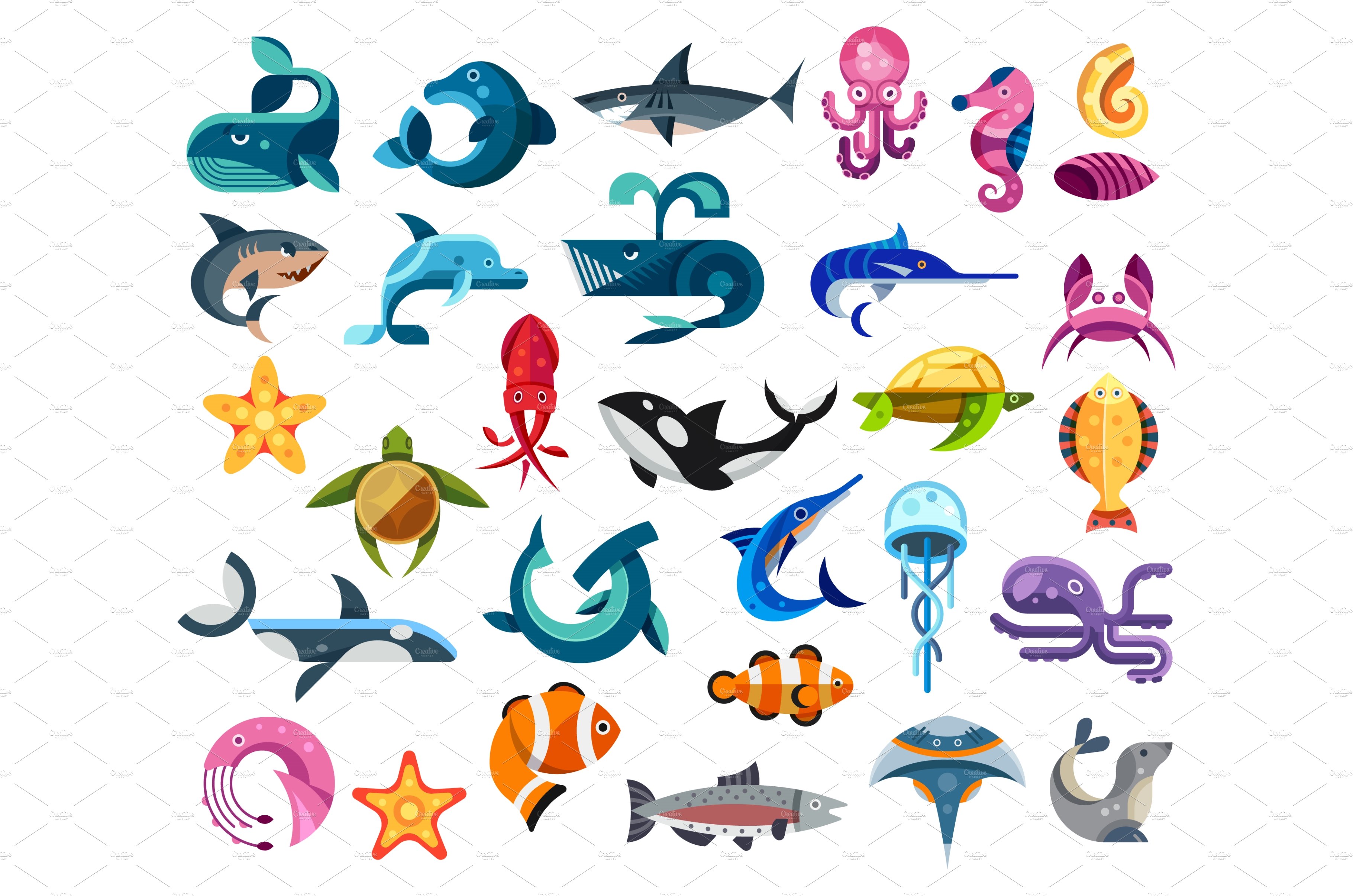Fishes and sea animals flat icons of cover image.