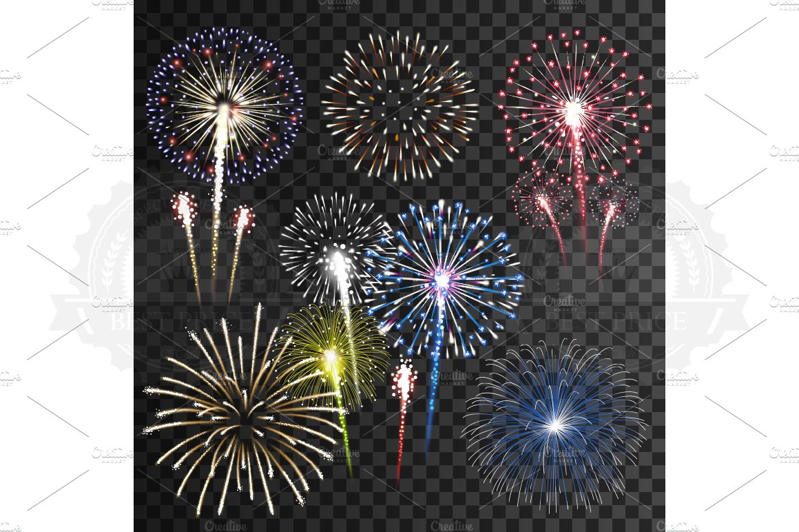 Set of isolated vector fireworks cover image.
