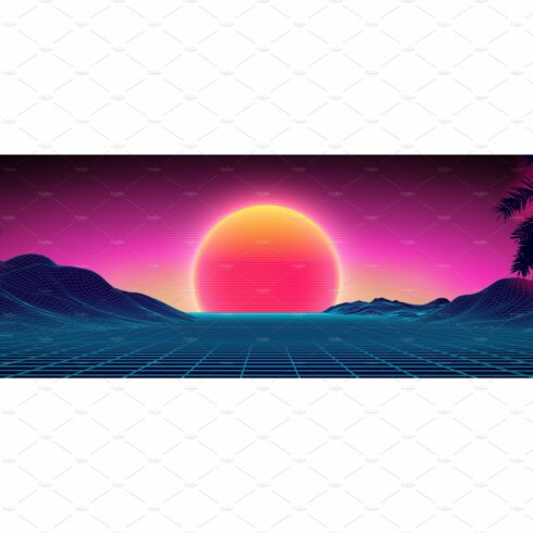 3d sunset on the beach. Retro palms cover image.
