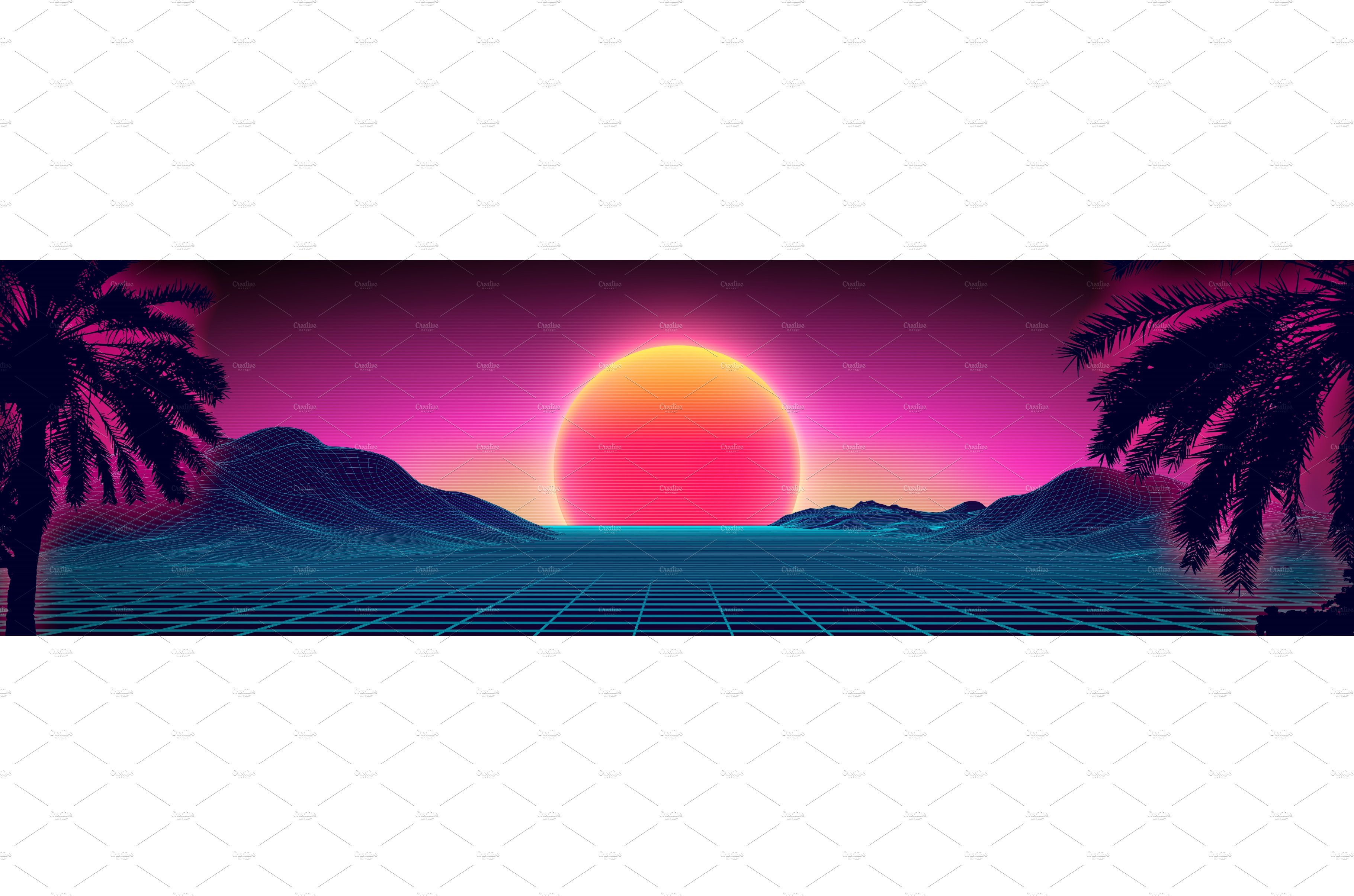 3d sunset on the beach. Retro palms cover image.