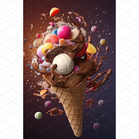Ice cream in cone with chocolate cover image.