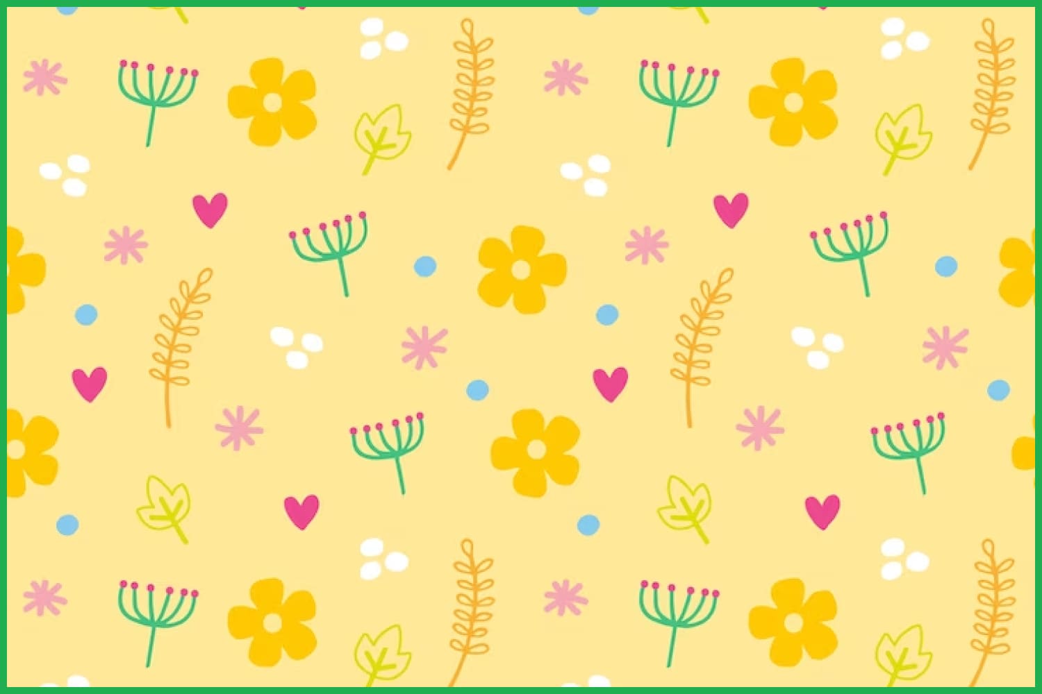 Drawn flowers, leaves, circles, hearts on a yellow background.