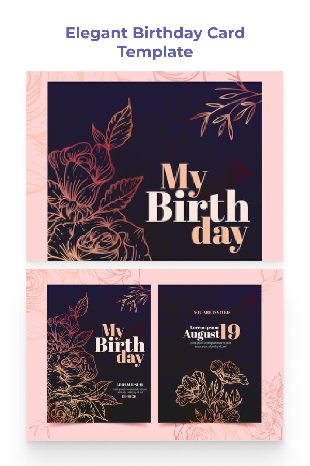 Birthday invitation with silhouettes of flowers on a dark background.