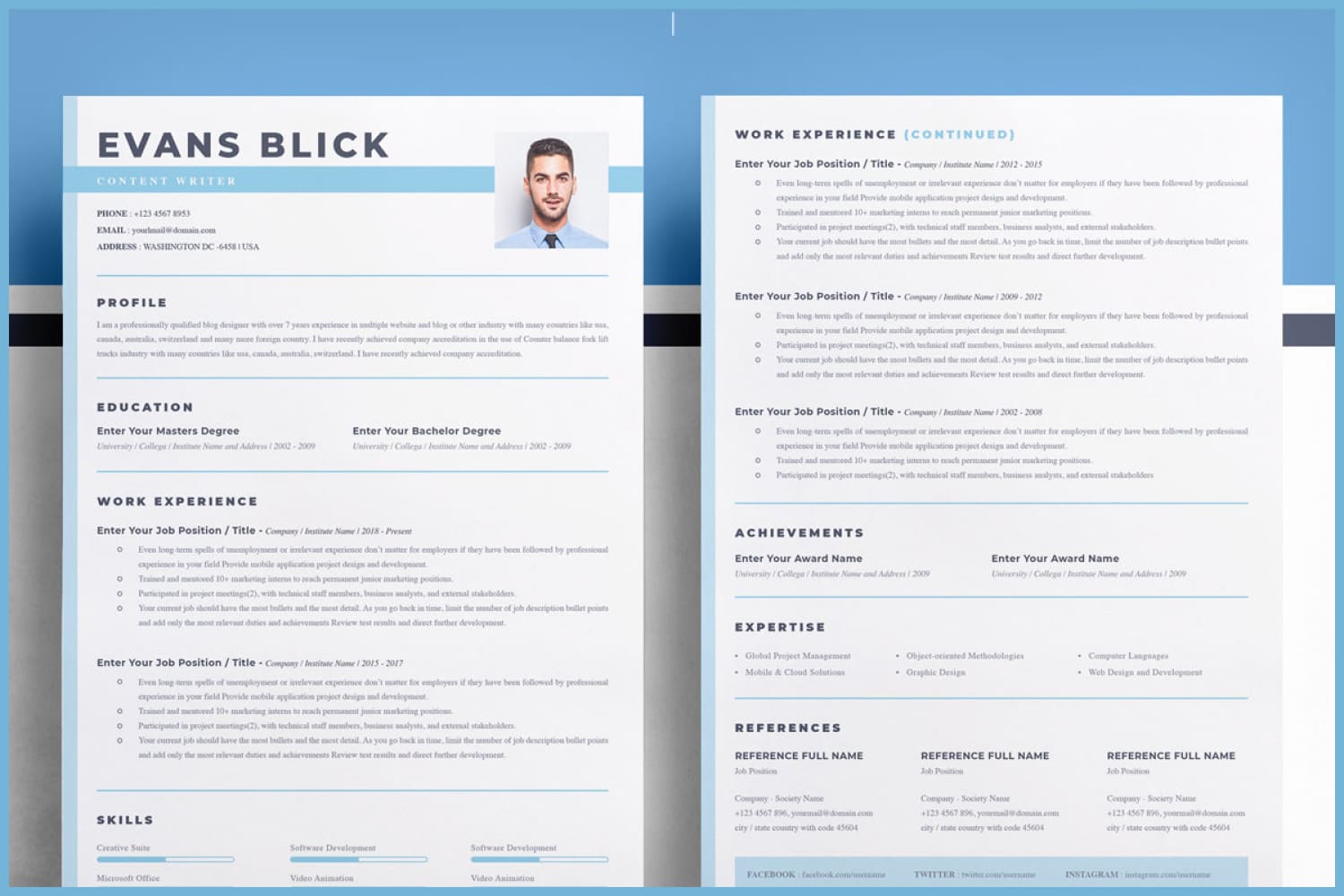 Collage of resume pages on two pages and in blue.