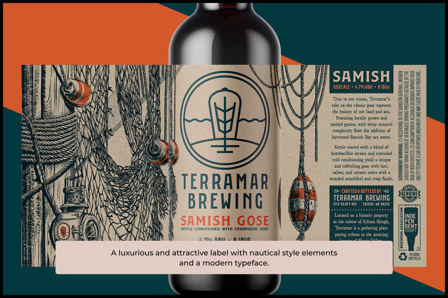 A luxurious and attractive label with nautical style elements and a modern typeface.