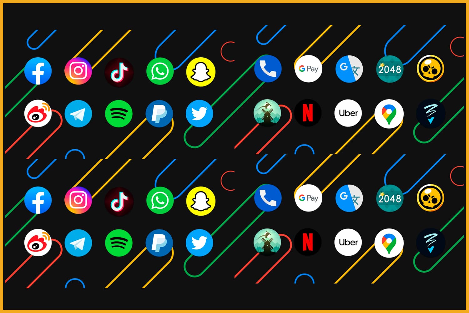 Collage of icons on a black background with colored stripes.