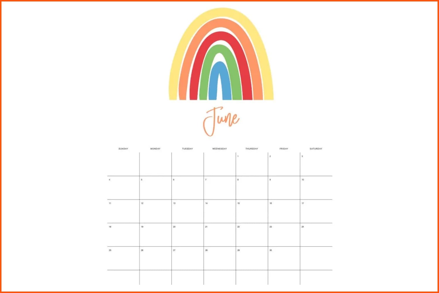 Minimalist calendar for june with rainbow pattern.