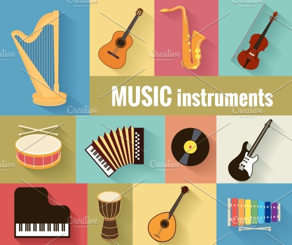 Musical instruments vector set cover image.
