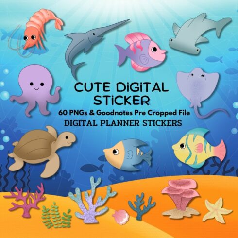 Underwater World Digital Sticker Pack - 60 PNG & Pre Cropped cover image.