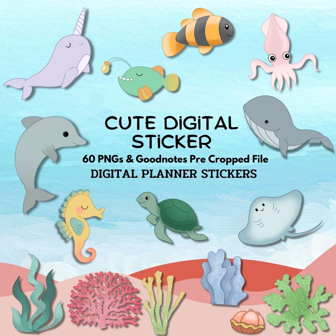 Underwater World Digital Sticker Pack - 60 PNG & Pre Cropped preview image.