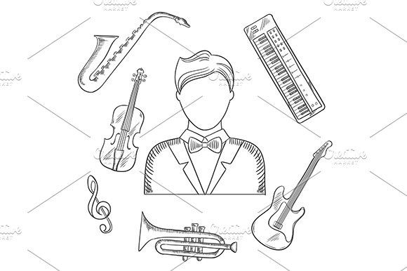 Musical hand drawn icons and objects cover image.