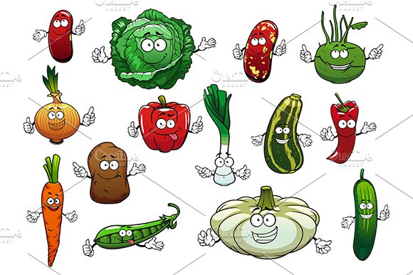 Happy vegetables cartoon characters cover image.