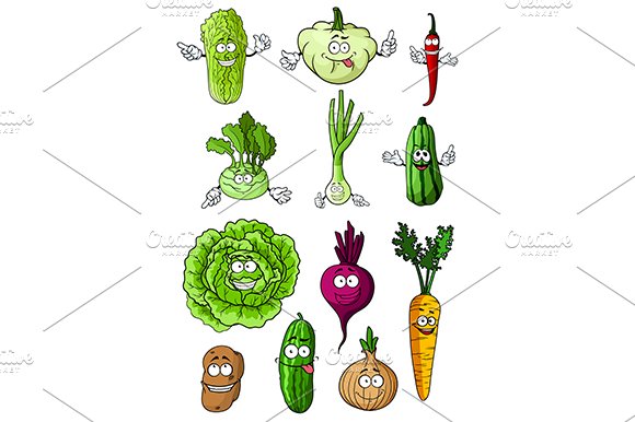 Happy healthy cartoon vegetables cover image.