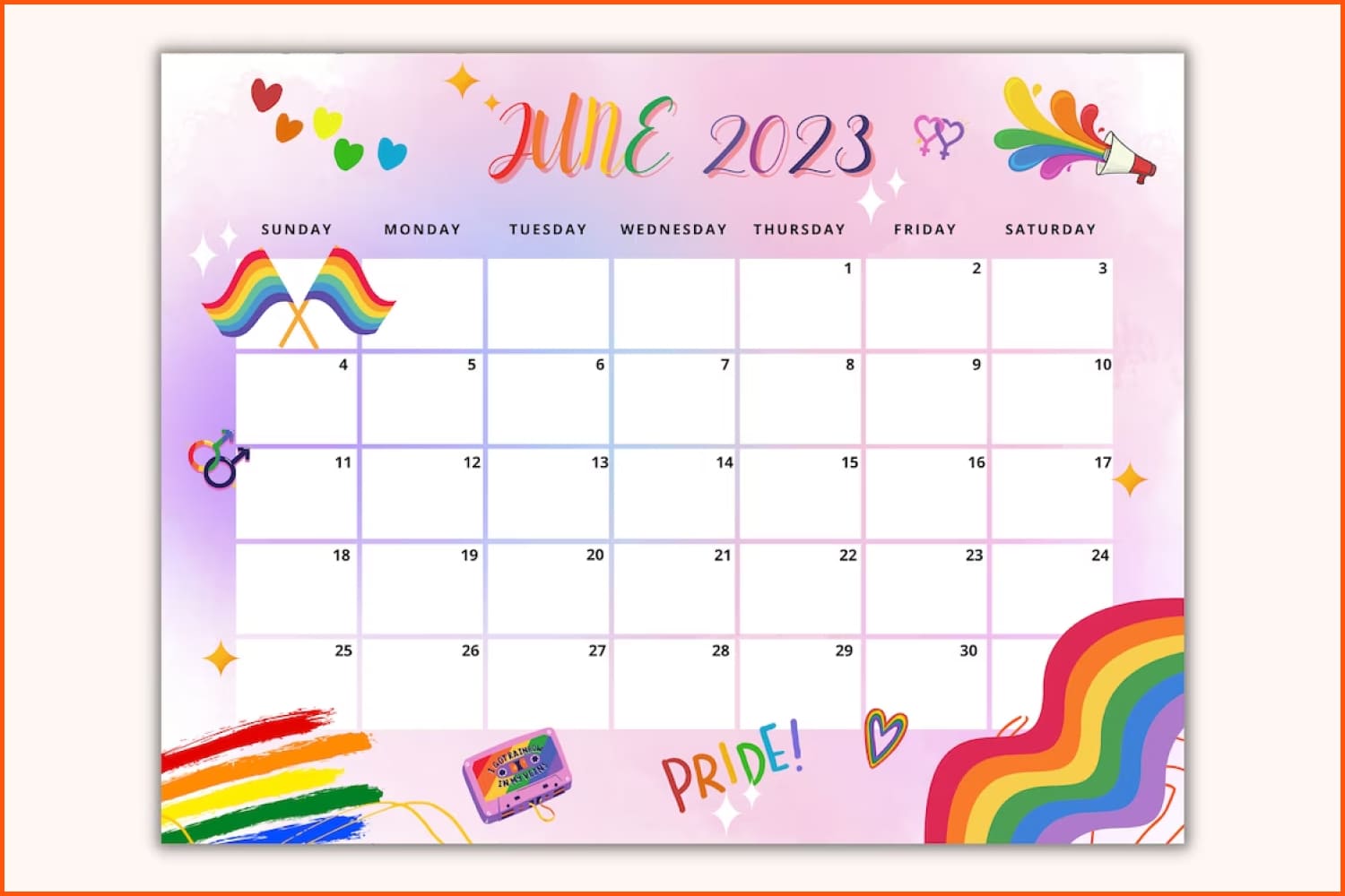June calendar with rainbow drawings.