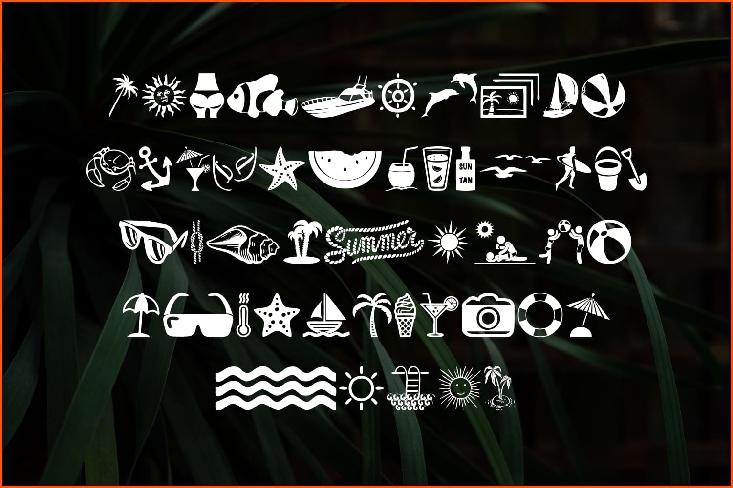 Collage of white icons on a beach theme on a dark background.