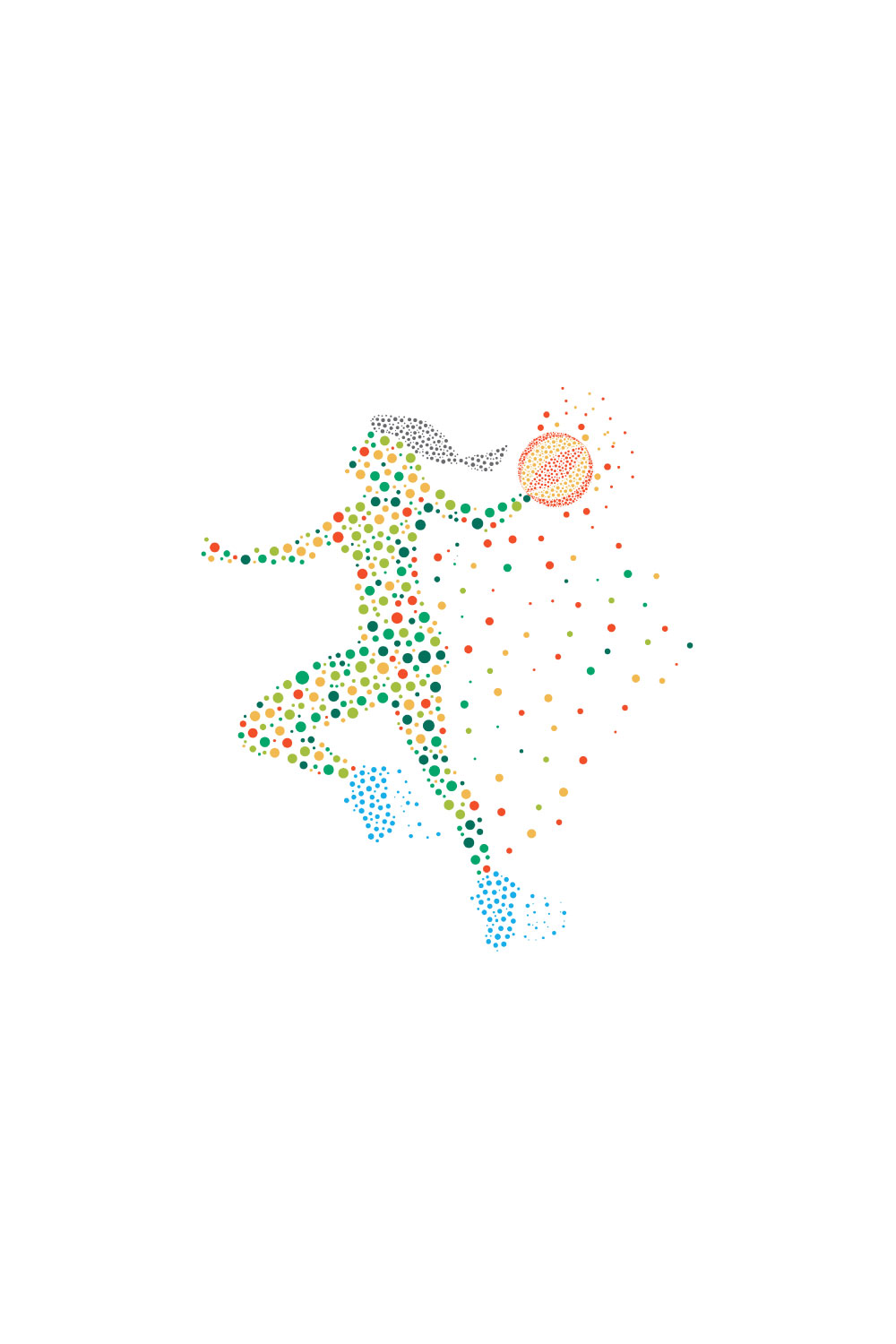 Basketball throwing is composed of colored dots, vector illustration pinterest preview image.