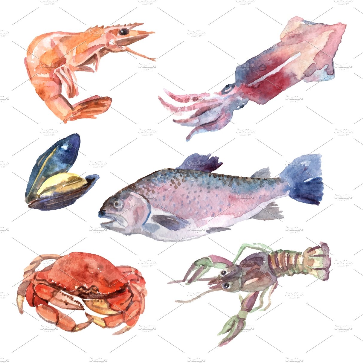 Watercolor sea food set cover image.