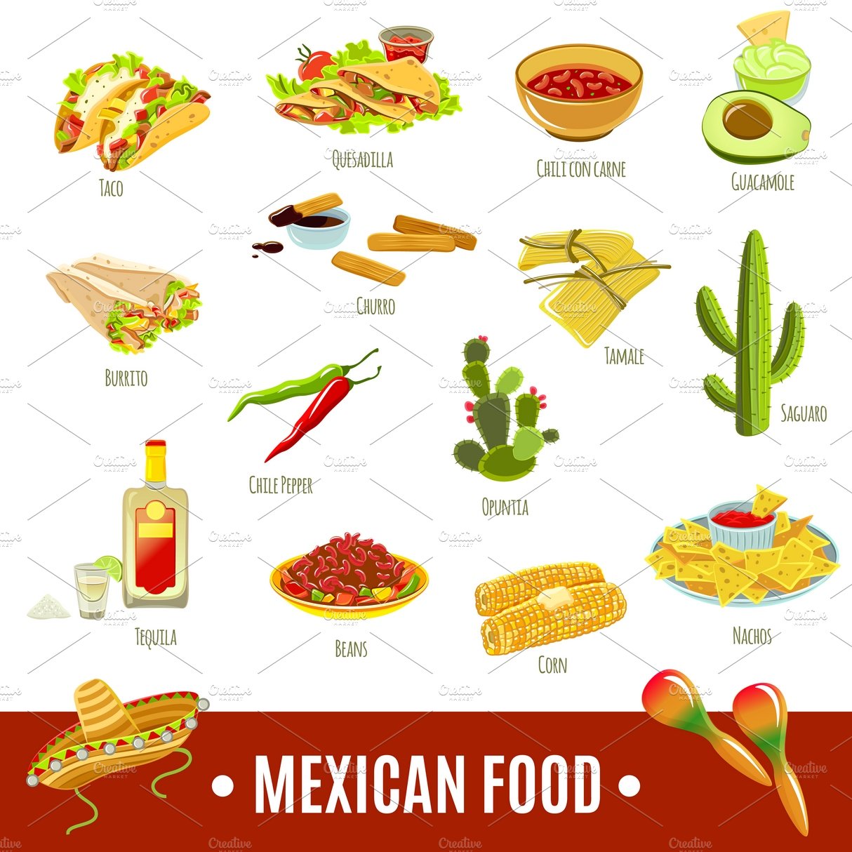 Mexican national food icon set cover image.