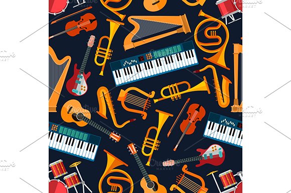 Musical instruments seamless pattern cover image.