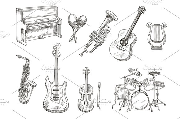 Musical instruments sketches set cover image.