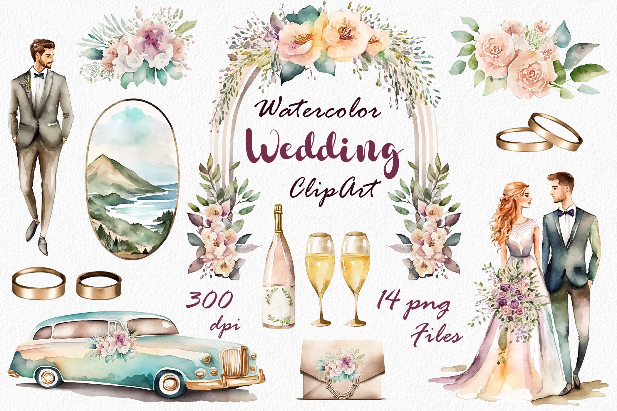 Watercolor Wedding Clipart cover image.
