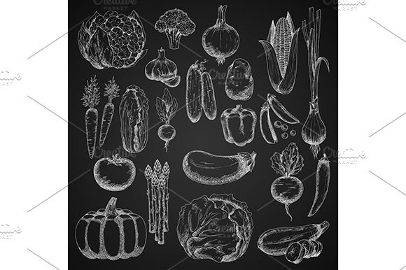 Chalk sketches of farm vegetables cover image.