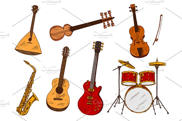 Classic musical instruments sketches cover image.